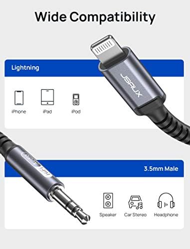 ברק JSaux לחוט שמע 3.5 ממ 6ft, [Apple MFI מוסמך] כבל AUX תואם לאייפון 14/14 PRO/13/13 PRO MAX/12/12